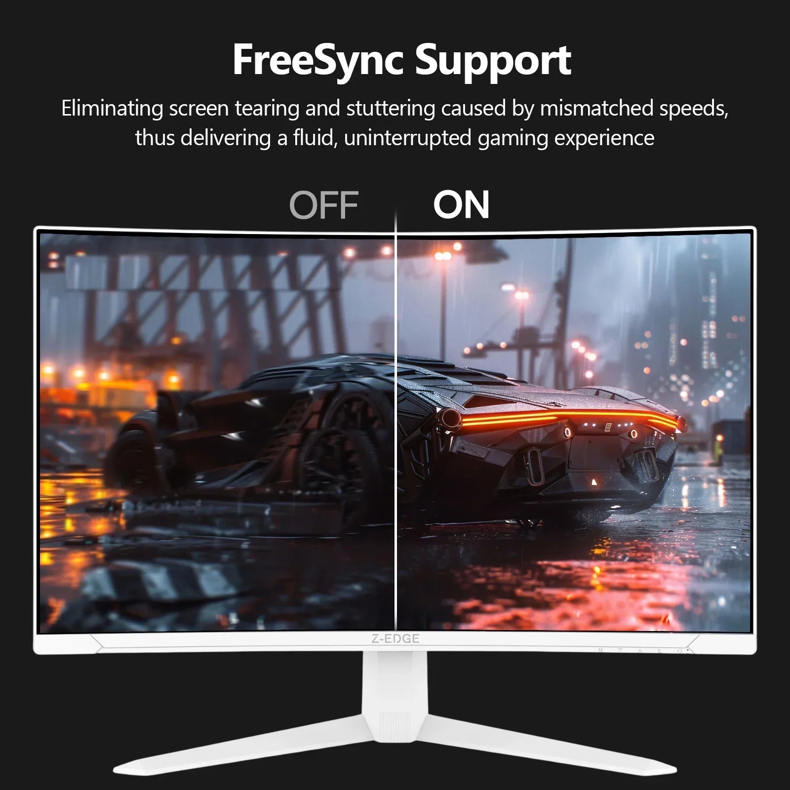 Curved gaming monitor displaying a side-by-side comparison of FreeSync off and on with a sleek futuristic car in a rainy cityscape