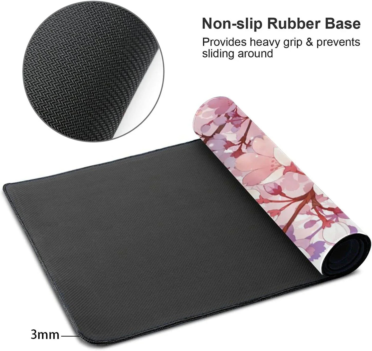 Gaming mouse pad with non-slip rubber base and cherry blossom design, 3mm thickness