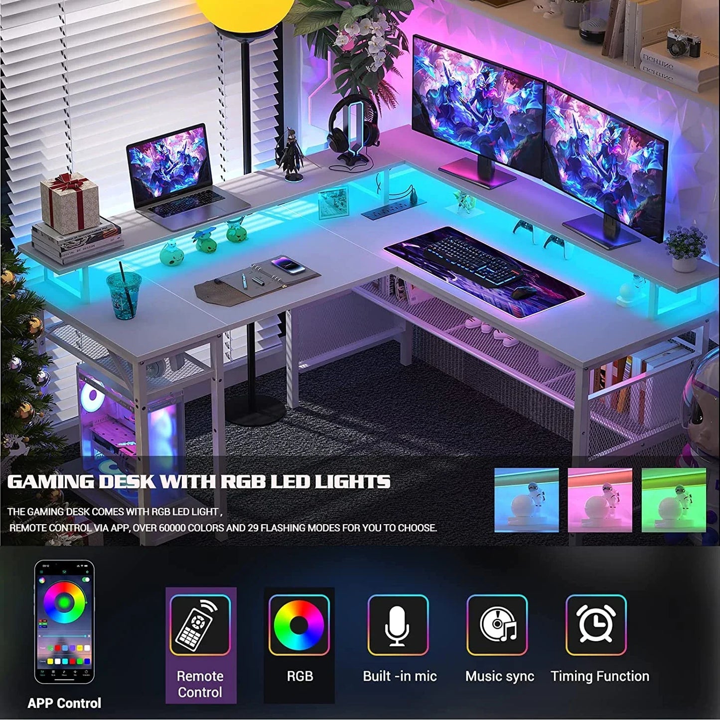 L Shaped Desk with Power Outlets and LED Light, 55 Inch Reversible L-Shaped Gaming Desk with Monitor Stand, Ergonomic Corner Computer Desk with Storage Shelf for Home Office, White
