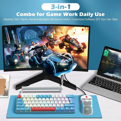 3-in-1 gaming setup with mechanical keyboard, RGB mouse, curved monitor showing racing game, laptop on side