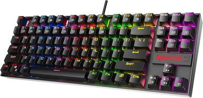 RGB-backlit Redragon gaming keyboard with retro 8-bit style keycaps, modern setup