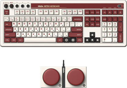 Retro 8-bit style mechanical keyboard and matching twin button controller, cream and red color scheme.