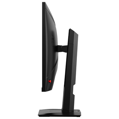 Side view of a sleek black gaming monitor with adjustable stand and red accent on the back