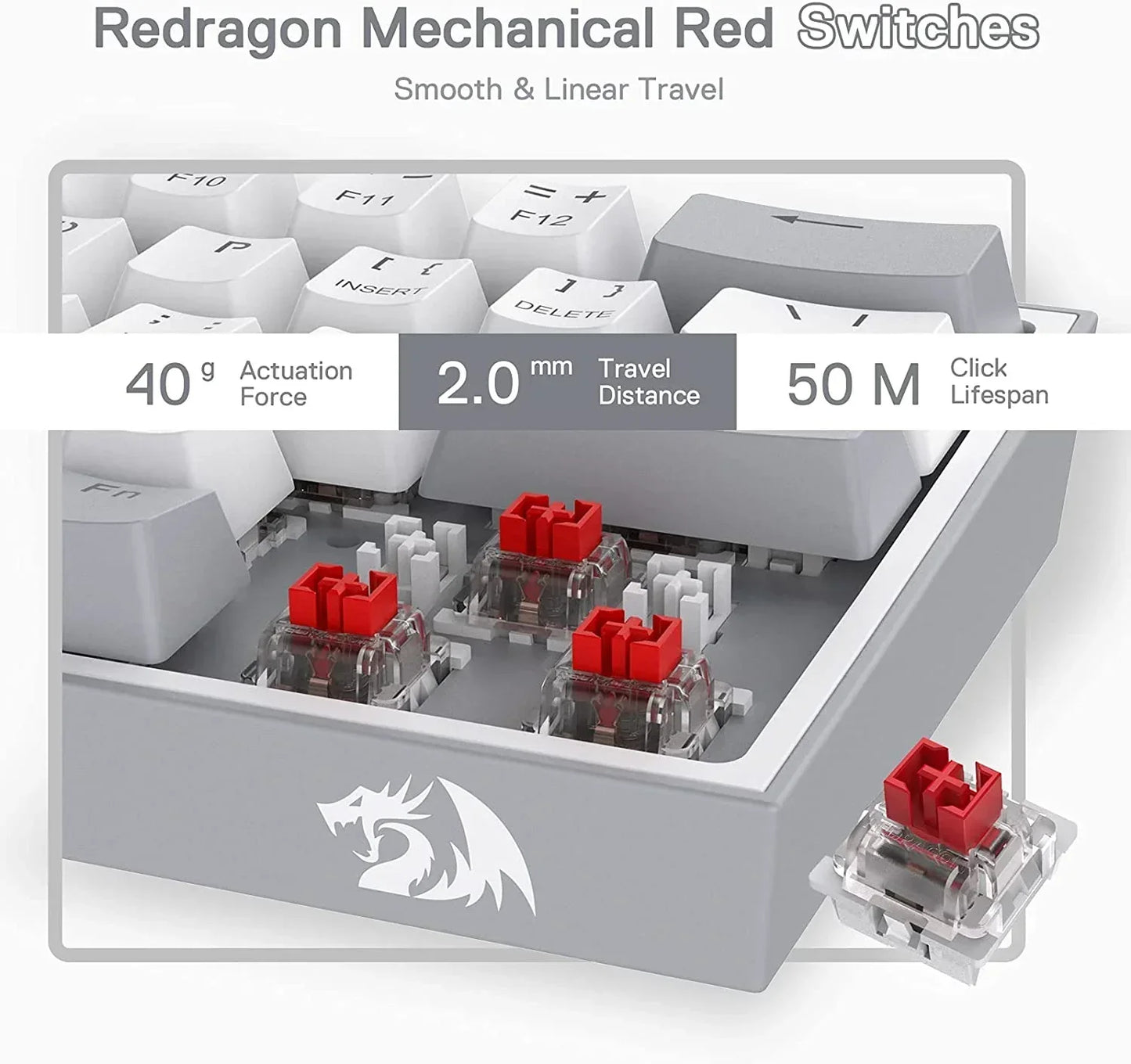 Redragon mechanical keyboard with red switches, gaming gear, white keycaps, closeup view