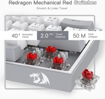 Redragon mechanical keyboard with red switches, gaming gear, white keycaps, closeup view