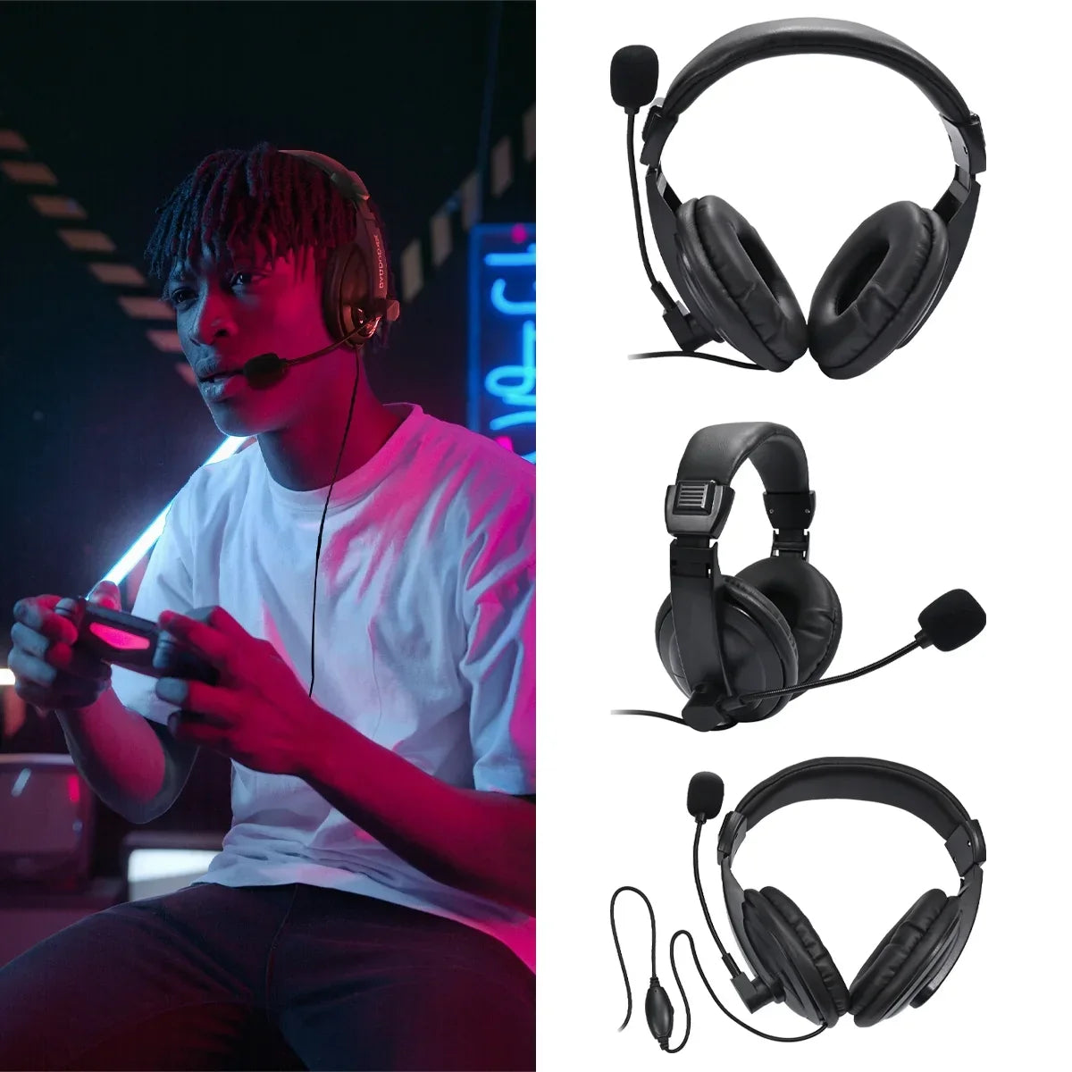 Gamer wearing a black gaming headset with microphone holding a controller, and three product views of the headset