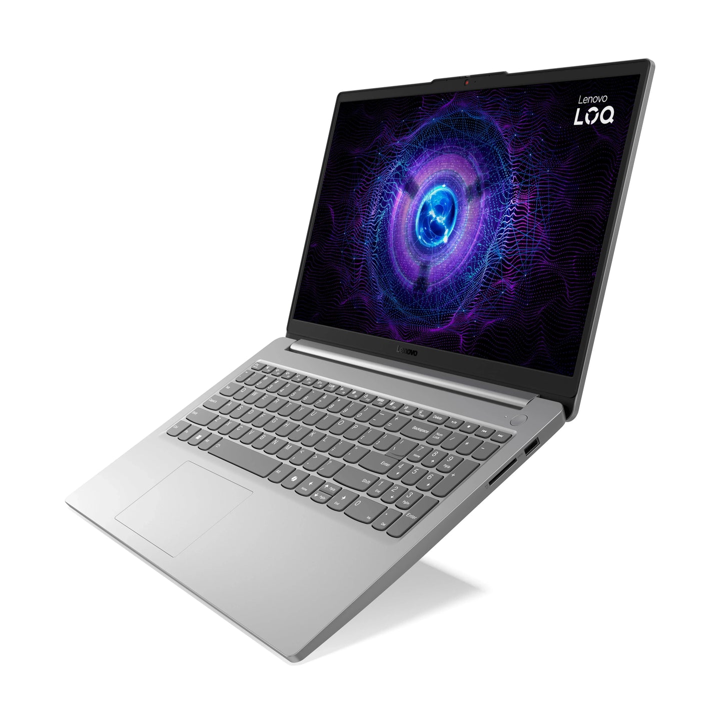 Lenovo LOQ gaming laptop in silver with colorful digital display on white background