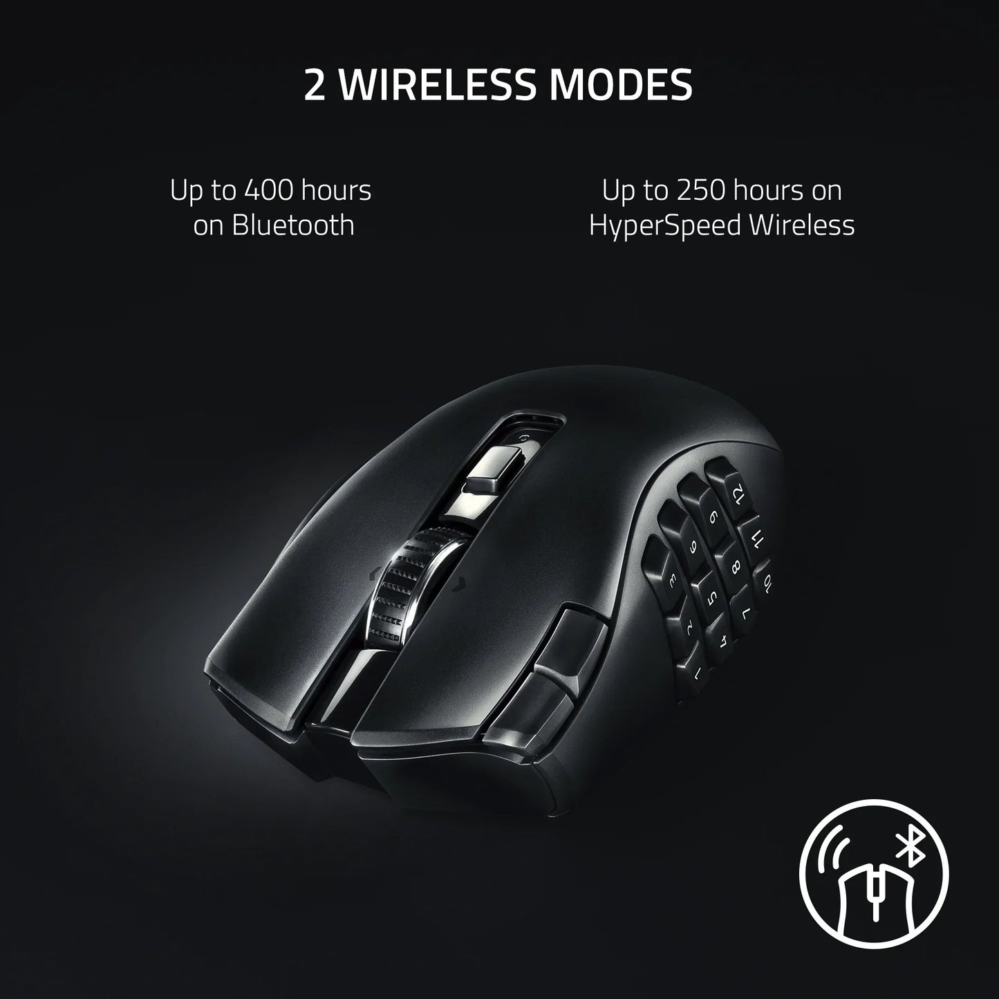 Black wireless gaming mouse with 12 side buttons, 2 wireless modes: Bluetooth 400h, HyperSpeed 250h