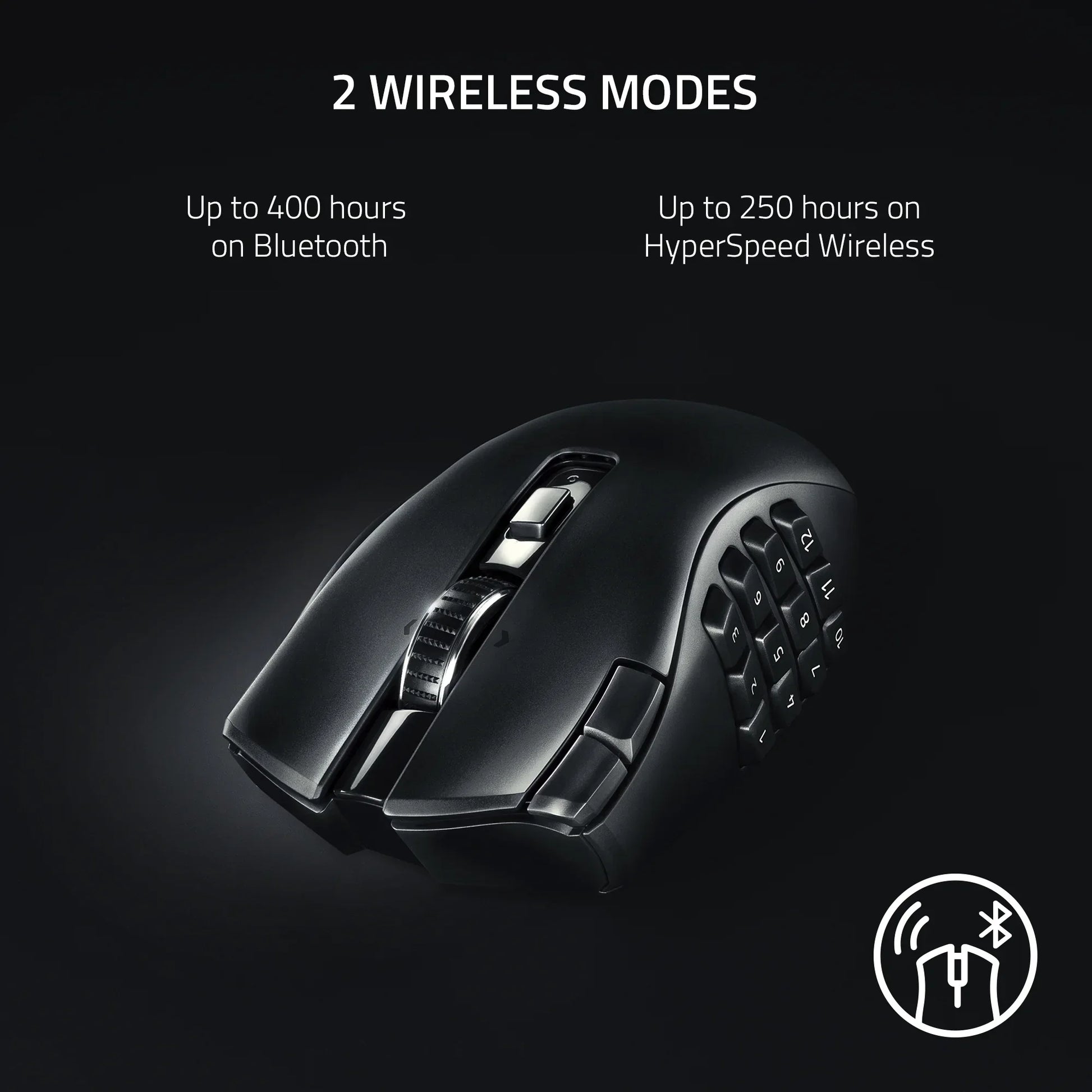 Black wireless gaming mouse with 12 side buttons, 2 wireless modes: Bluetooth 400h, HyperSpeed 250h