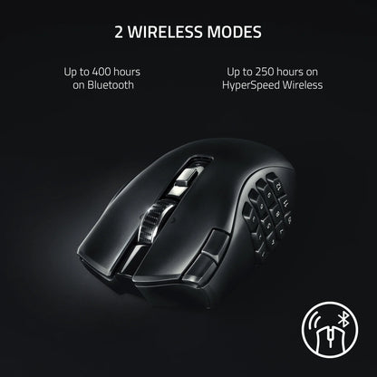 Black wireless gaming mouse with 12 side buttons, 2 wireless modes: Bluetooth 400h, HyperSpeed 250h