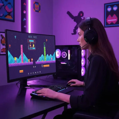 Woman gamer wearing headset playing pixel art video game on desktop PC with purple LED lighting