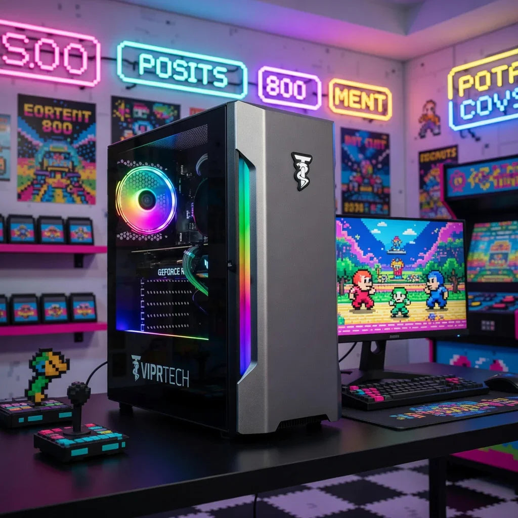 RGB gaming PC setup with retro 8-bit gaming gear, arcade joysticks and pixel art decor