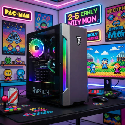 RGB gaming PC setup with retro 8-bit wall art, arcade joystick, and pixel decor