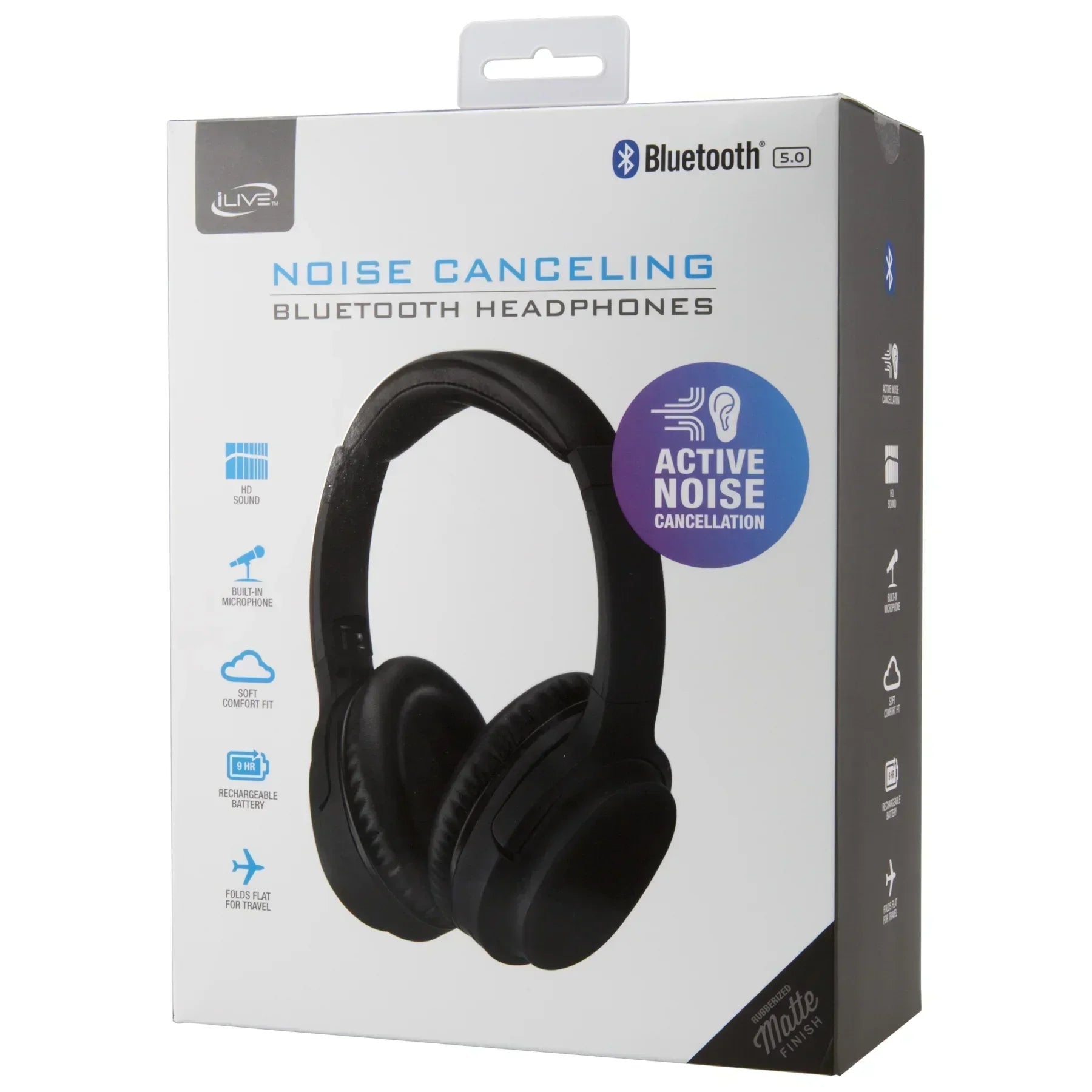 Bluetooth noise canceling headphones retail box with black headphones, active noise cancellation feature.