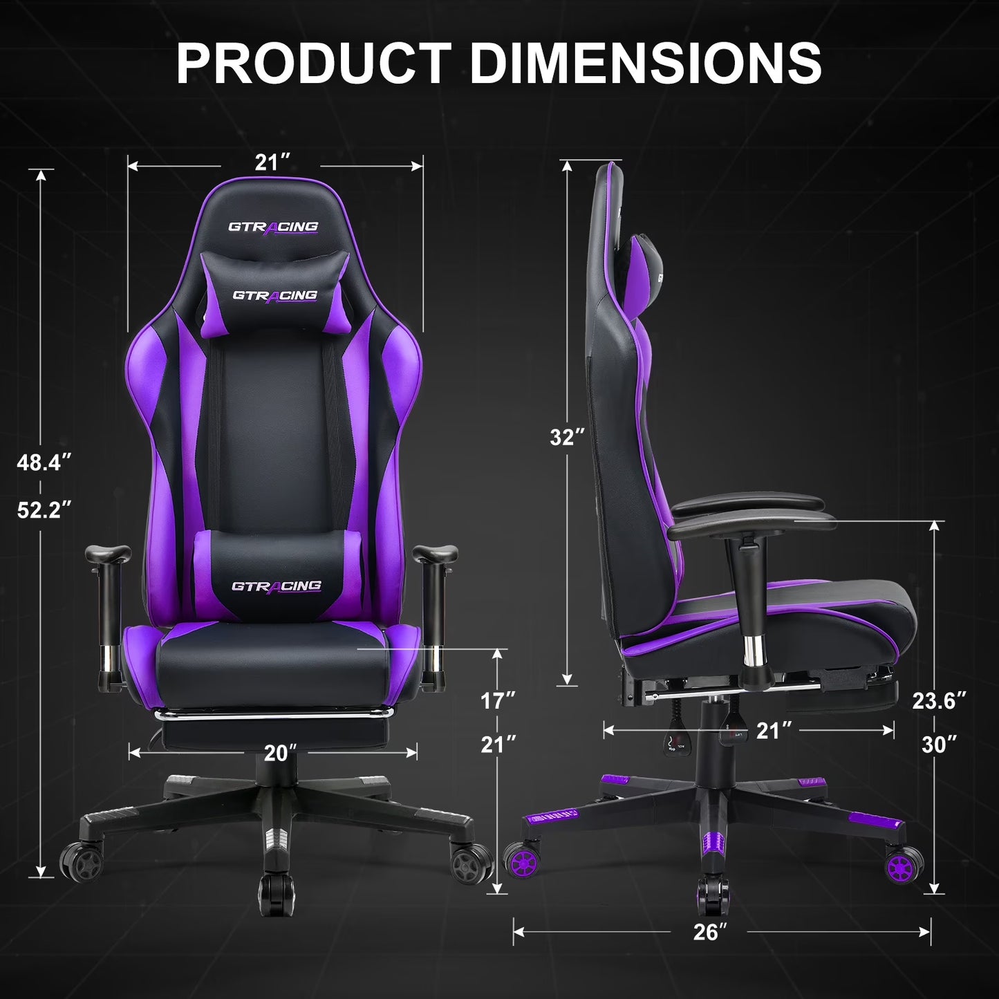 Purple and black GTRACING gaming chair with dimensions, ergonomic design, and adjustable features for PC setup