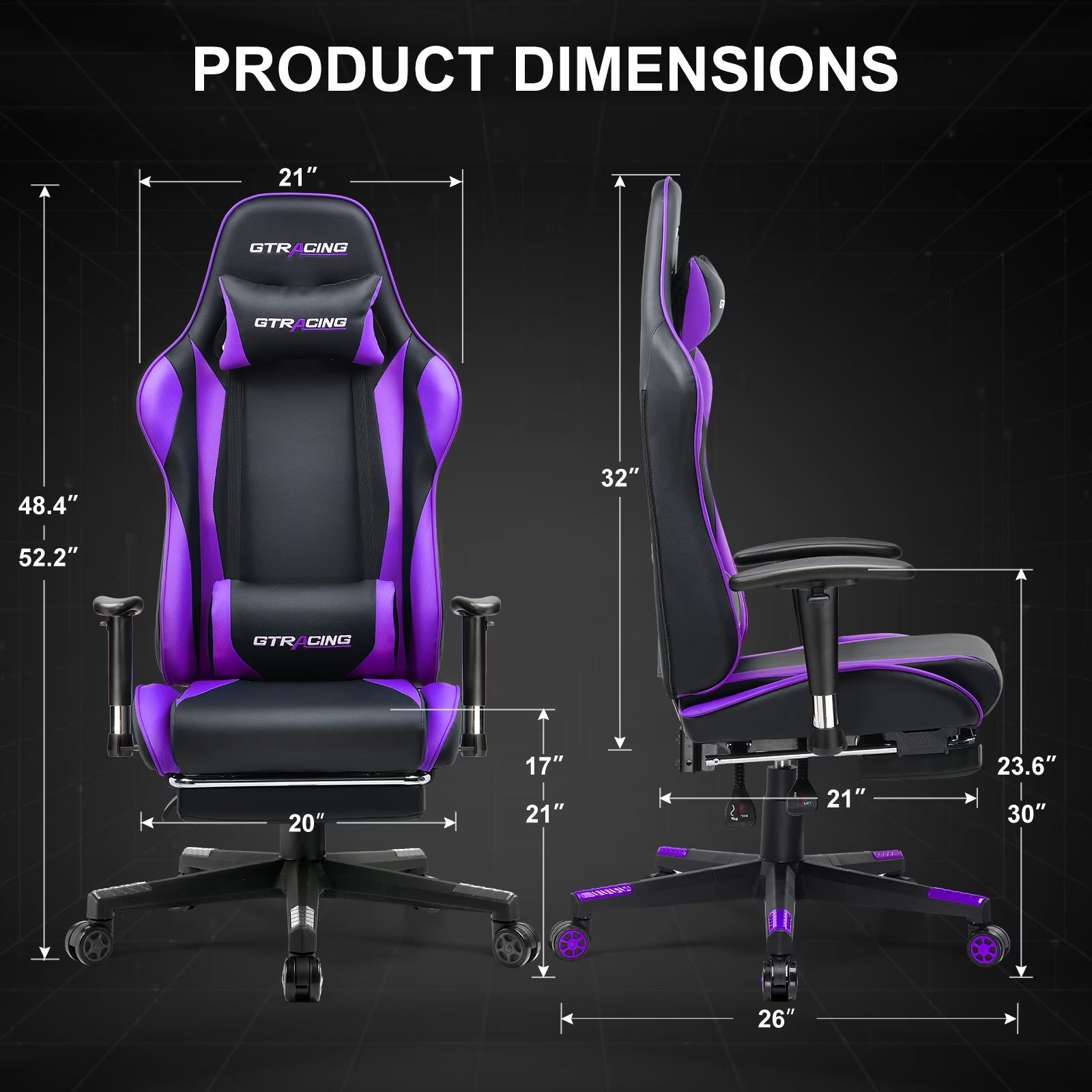 Purple and black GTRACING gaming chair with dimensions, ergonomic design, and adjustable features for PC setup