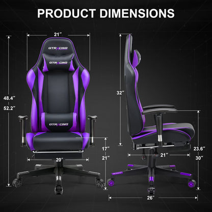 Purple and black GTRACING gaming chair with dimensions, ergonomic design, and adjustable features for PC setup