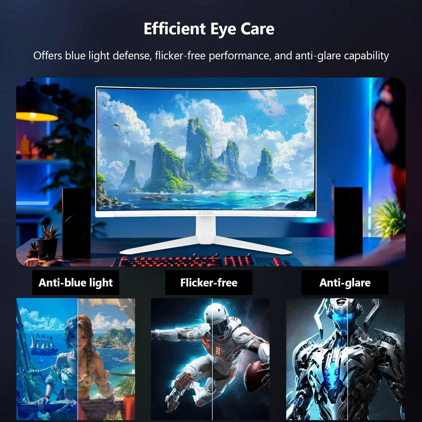 Gaming monitor on desk displaying vibrant fantasy island scene, highlighting blue light defense, flicker-free, and anti-glare features