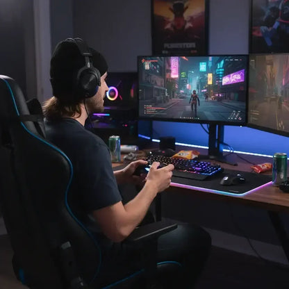 Gamer wearing headphones playing video games on a multi-monitor RGB setup with gaming chair
