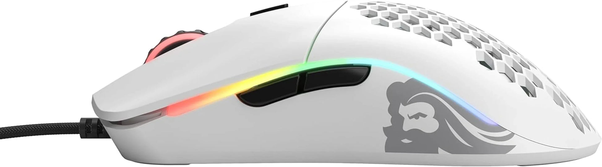White gaming mouse with honeycomb design and RGB lighting strip on side buttons