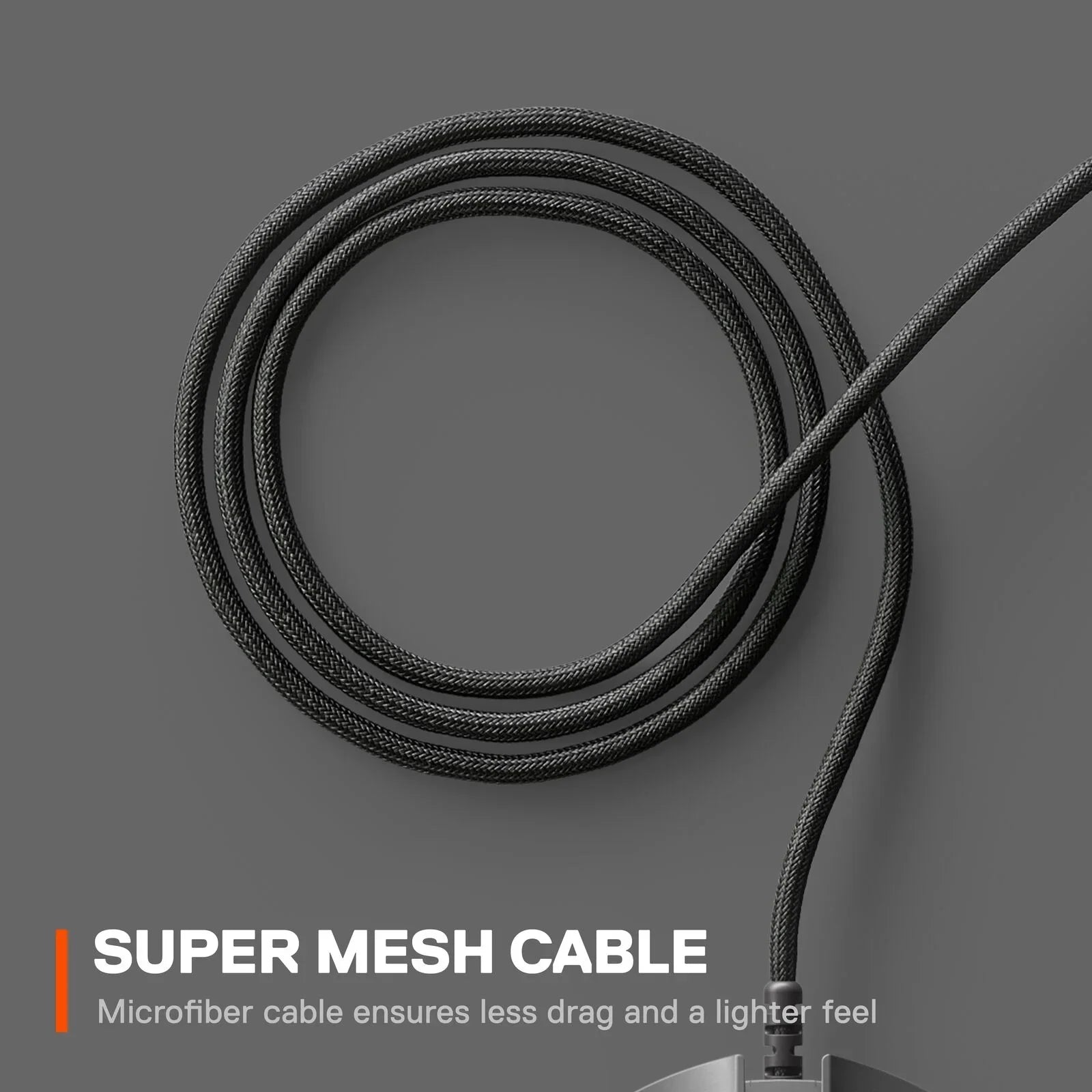 Coiled black microfiber super mesh cable on gray background with text about less drag and lighter feel