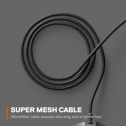 Coiled black microfiber super mesh cable on gray background with text about less drag and lighter feel