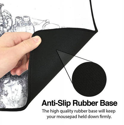 Hand lifting corner of gaming mousepad showcasing textured anti-slip black rubber base for firm grip