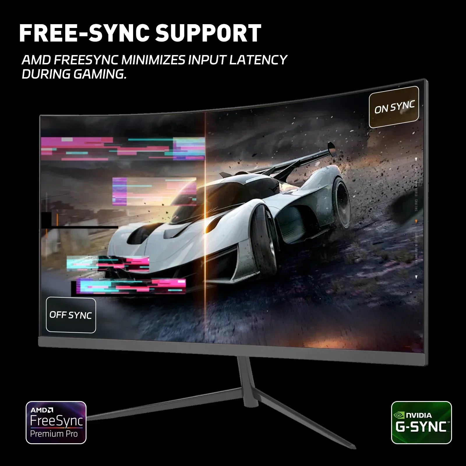 Curved gaming monitor showcasing AMD FreeSync support comparison with high-speed race car image