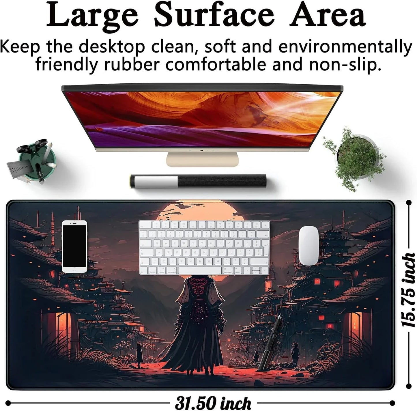 Large 31.5x15.75 inch gaming mouse pad with dark fantasy samurai art, keyboard, mouse, and smartphone on desk