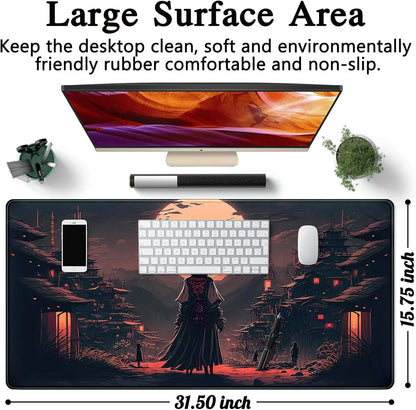 Large 31.5x15.75 inch gaming mouse pad with dark fantasy samurai art, keyboard, mouse, and smartphone on desk