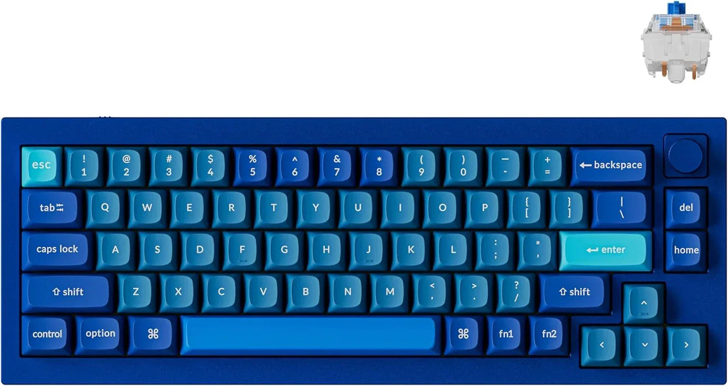 Blue mechanical gaming keyboard with RGB style keys and a rotary knob, Byte Style gear