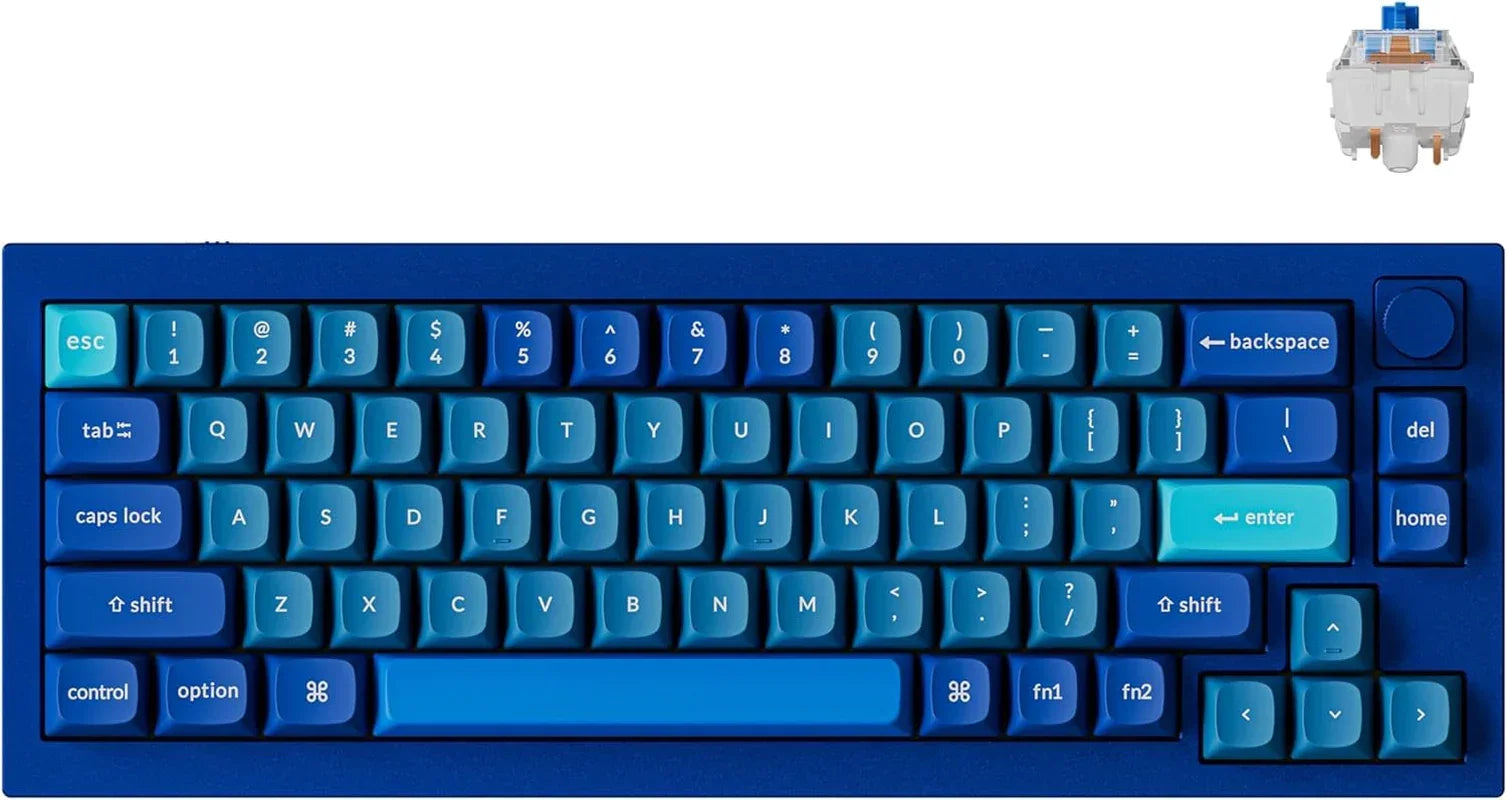 Blue mechanical gaming keyboard with RGB style keys and a rotary knob, Byte Style gear