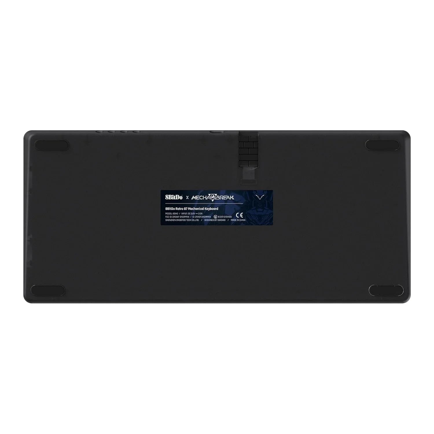 Back view of a black 8BitDo x MechaZoneBreak mechanical gaming keyboard with rubber feet
