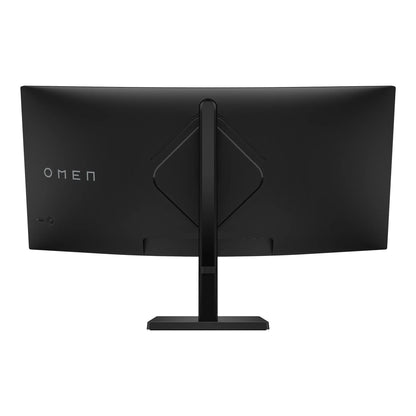 Back view of black OMEN curved gaming monitor with sturdy rectangular stand on white background