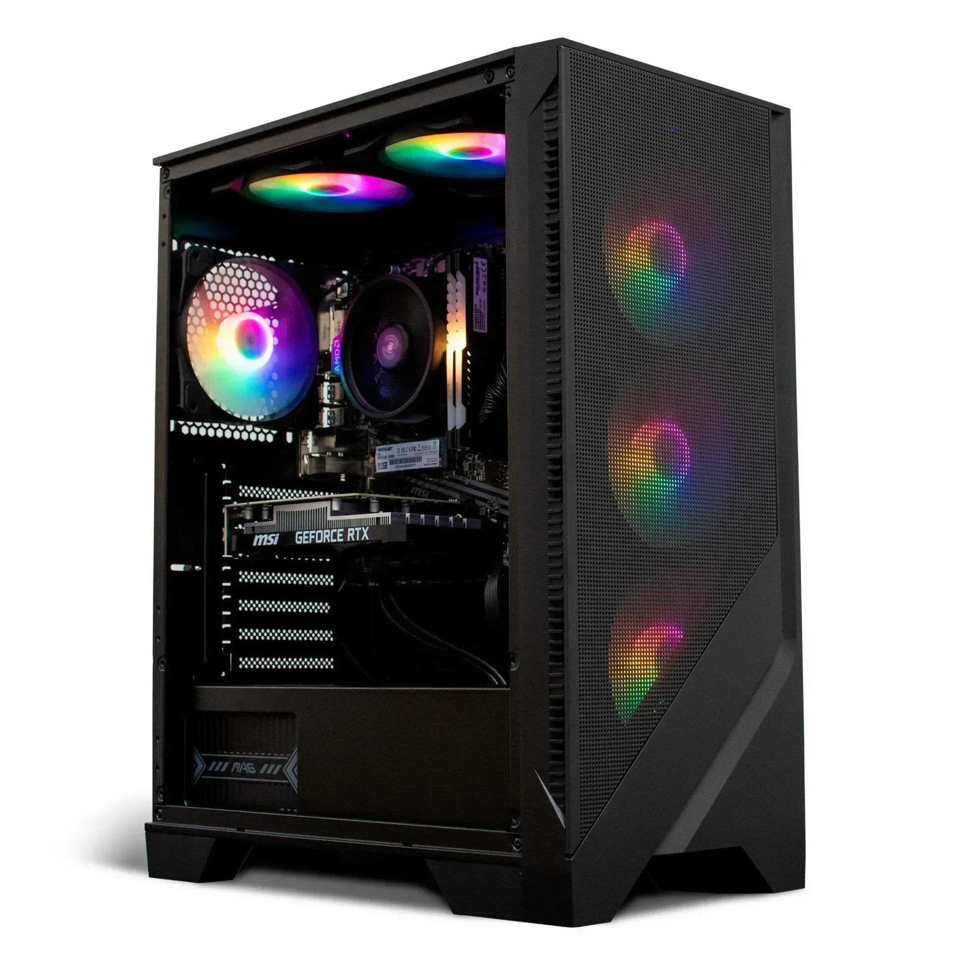 Gaming PC tower with RGB fans, glass side panel, and GeForce RTX graphics card