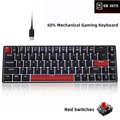 68-key 60% mechanical gaming keyboard with RGB backlight, red switches, black and red keycaps.