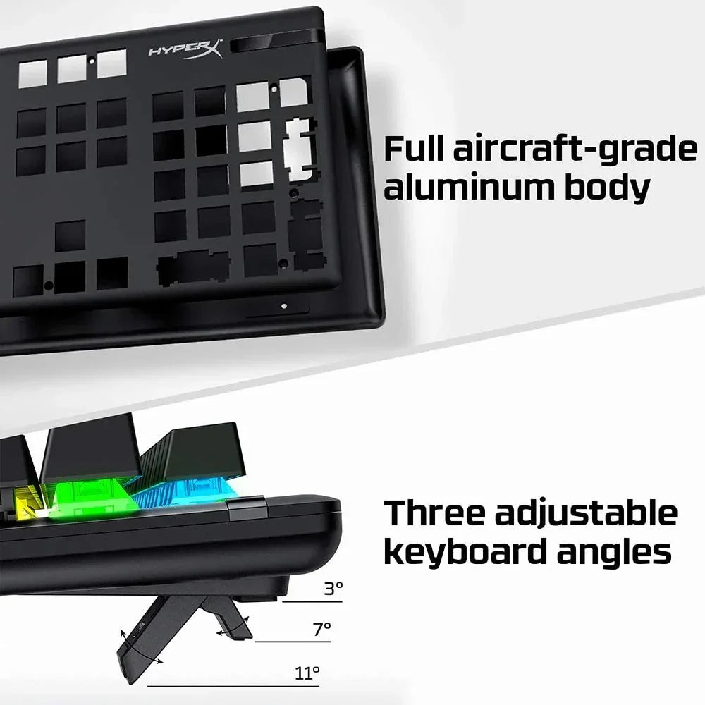 HyperX keyboard with aircraft-grade aluminum body and three adjustable typing angles, RGB keys