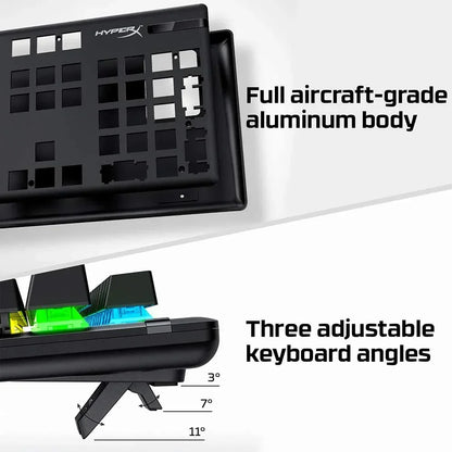 HyperX keyboard with aircraft-grade aluminum body and three adjustable typing angles, RGB keys