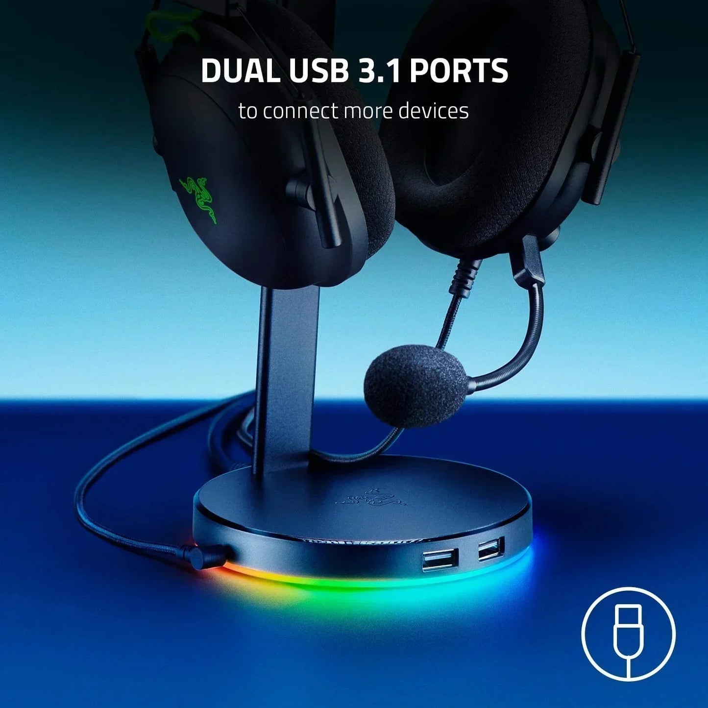 Gaming headset on a stand with RGB lighting and dual USB 3.1 ports for accessories