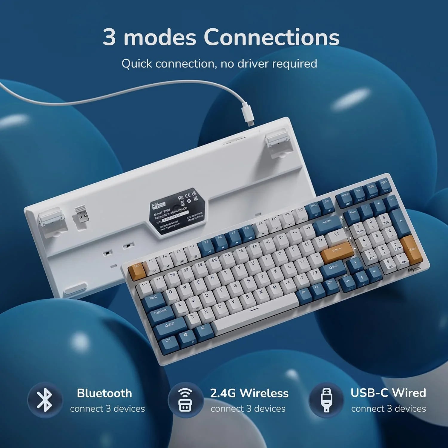 Mechanical keyboard with blue, white, and orange keycaps showing 3 connection modes: Bluetooth, 2.4G Wireless, and USB-C Wired