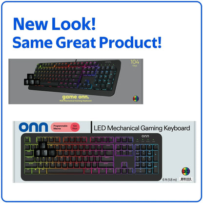 Side-by-side packaging of onn RGB mechanical gaming keyboard with updated design, 104 keys, LED backlight.