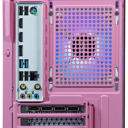 Back panel of a pink gaming PC showing USB ports, HDMI, audio jacks, and RGB cooling fan.