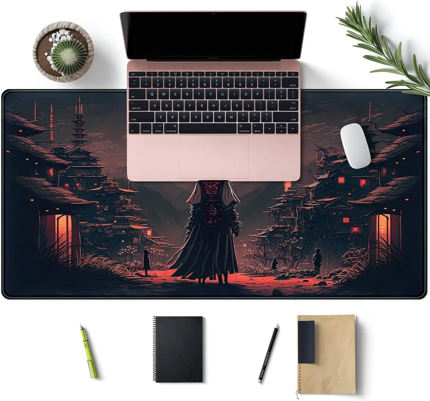 Gaming desk setup with laptop, white mouse on large anime-style mousepad featuring dark village and character artwork