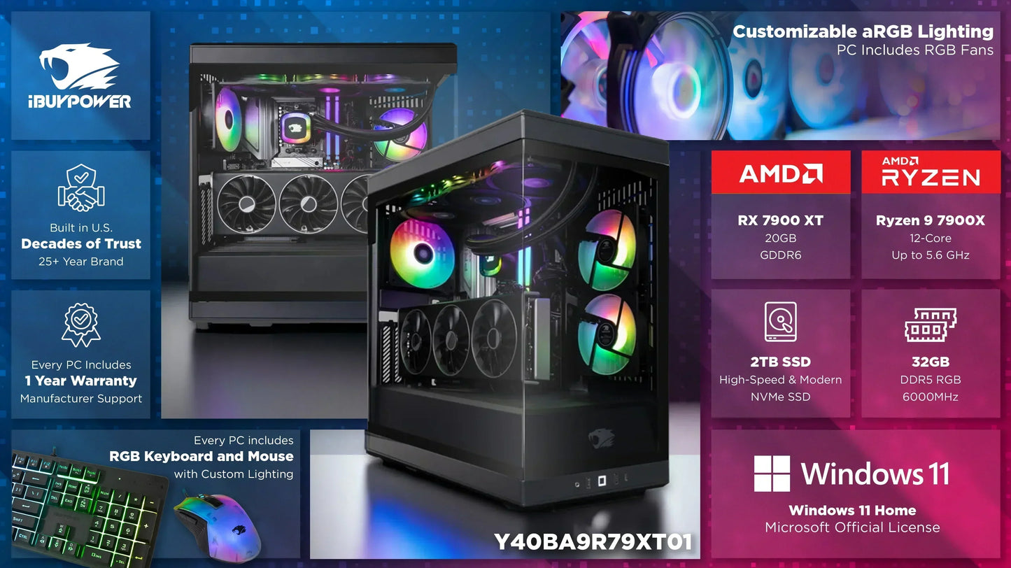 Y40 Gaming PC Desktop Liquid Cooled , AMD Ryzen 9 7900X , Radeon RX 7900XT , 32GB DDR5 RGB RAM , 2TB Nvme SSD , Black (2024)