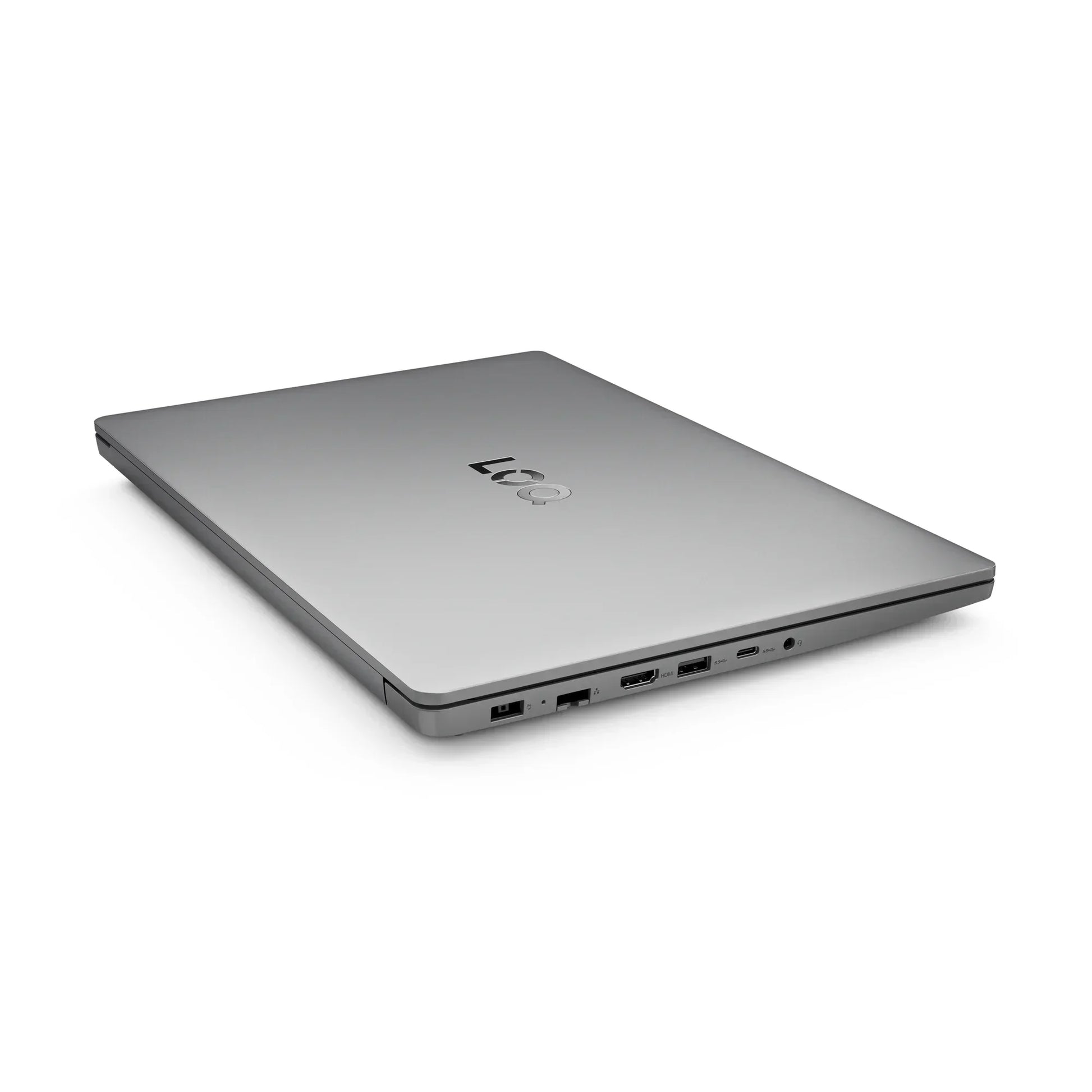 Closed silver gaming laptop showing multiple ports on white background