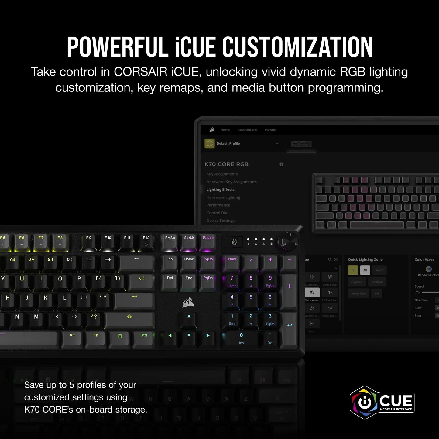 Corsair K70 RGB gaming keyboard with dynamic iCUE RGB lighting customization software