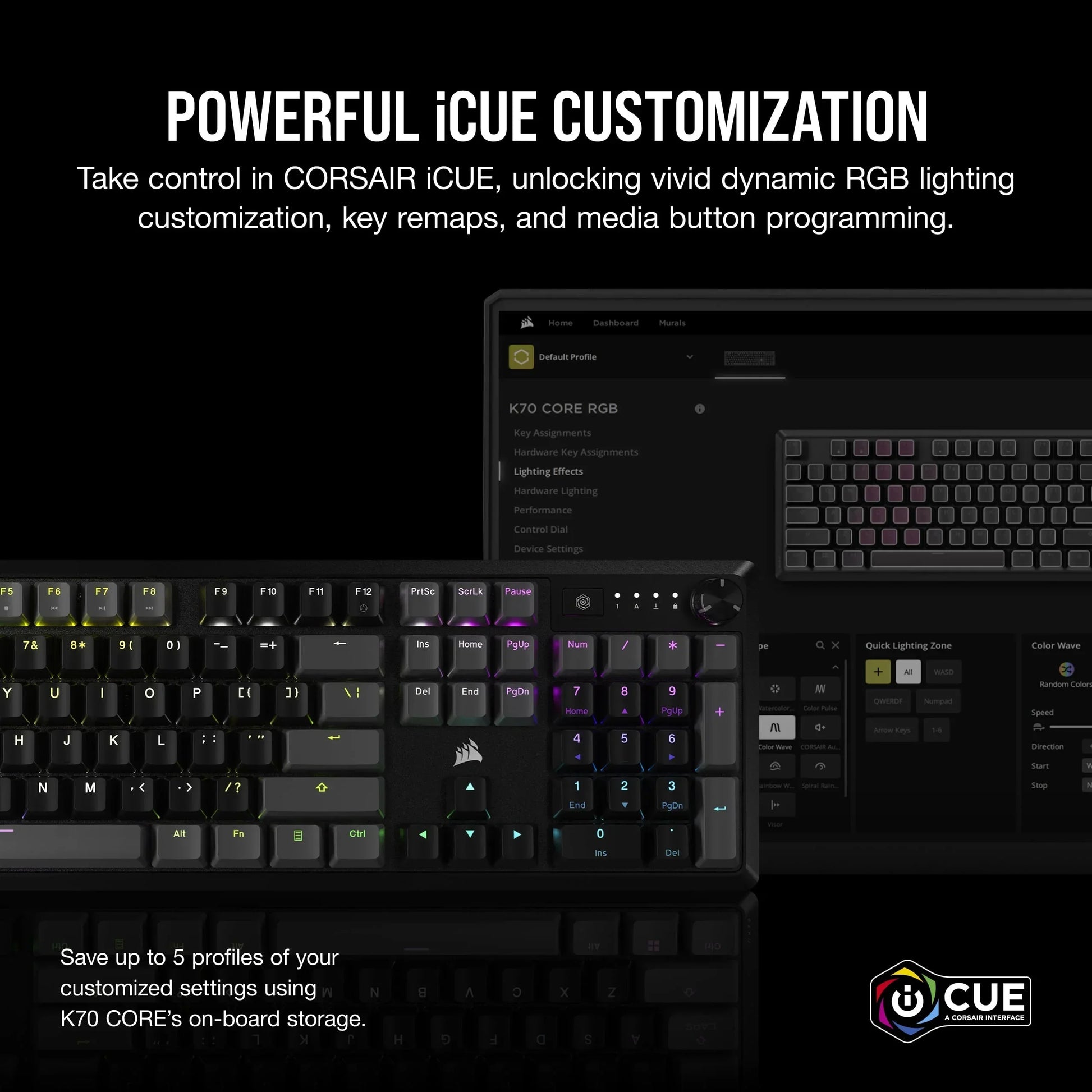 Corsair K70 RGB gaming keyboard with dynamic iCUE RGB lighting customization software