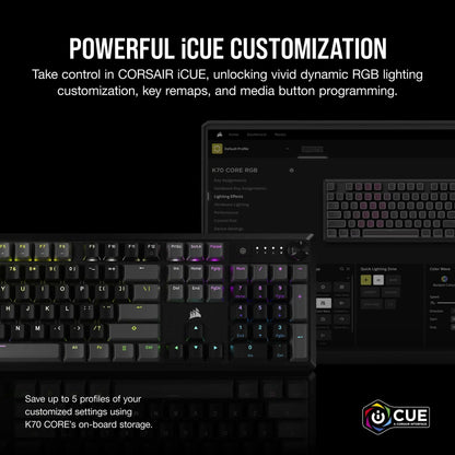 Corsair K70 RGB gaming keyboard with dynamic iCUE RGB lighting customization software