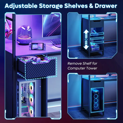 Gaming desk with adjustable storage shelves and drawer, featuring RGB-lit computer tower space