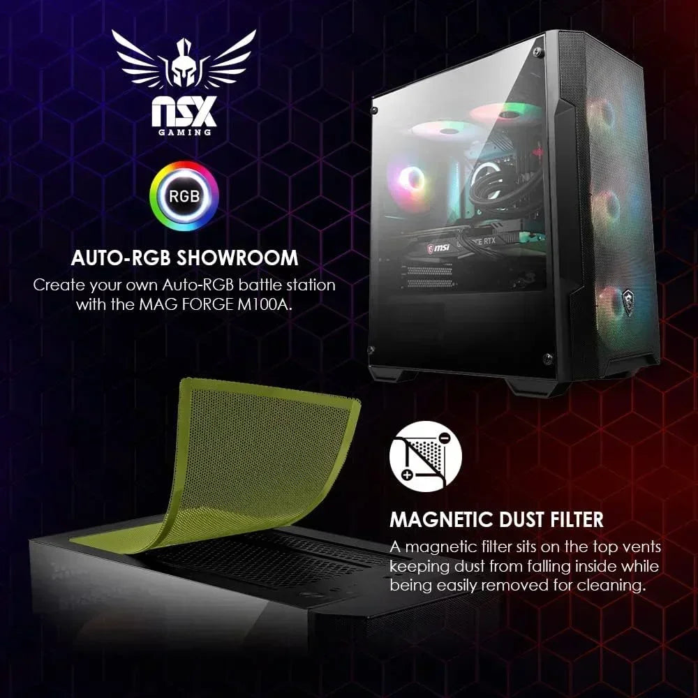 Gaming PC case with auto-RGB lighting and magnetic dust filter for custom setups
